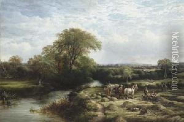 Peasants Working In A Field By A River Oil Painting - John J. Wilson