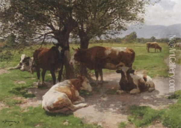 Kuhe Unter Kopfweiden Auf Der Sommerlichen Weide Oil Painting - Julius Hugo Bergmann