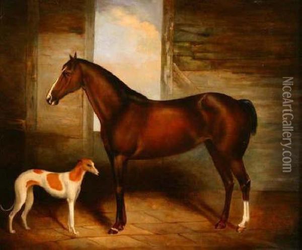 Bay Thoroughbred With Greyhound In A Barn Interior Oil Painting - James Loder Of Bath