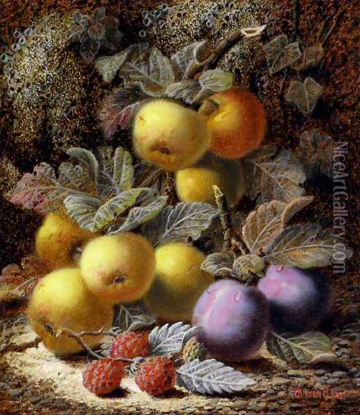 Still Life with Apples, Plums and Raspberries on a Mossy Bank Oil Painting - Oliver Clare