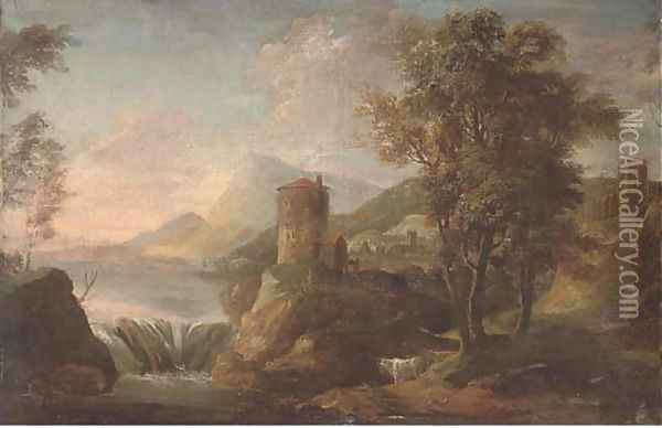 A landscape with figures under a tower by a waterfall Oil Painting - Sebastiano Ricci