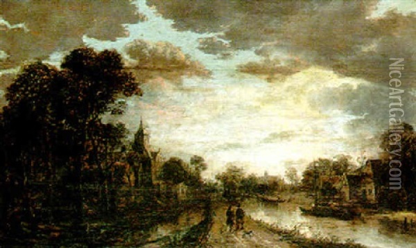 A Moonlit River Scene With Figures Walking Along A Causeway, A Church Beyond Oil Painting - Aert van der Neer