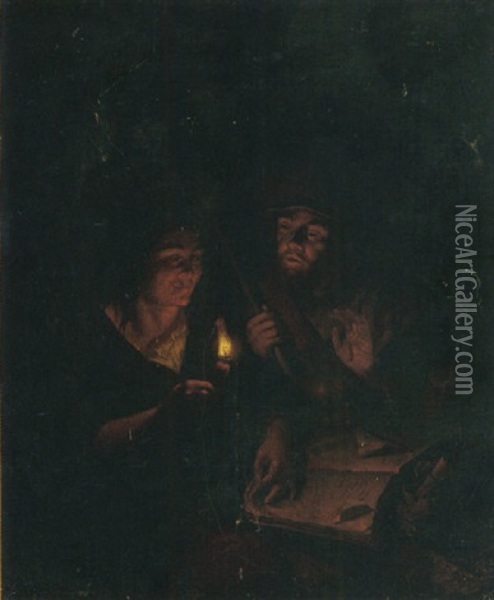 A Man And A Woman Studying A Book By Candlelight Oil Painting - Arnold Boonen