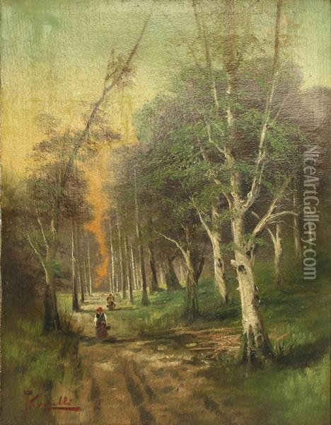 Road Thru The Forest Oil Painting - J. Carnelli
