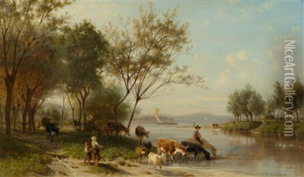 Lake Brienz With Animals Drinking Oil Painting - Karl Girardet