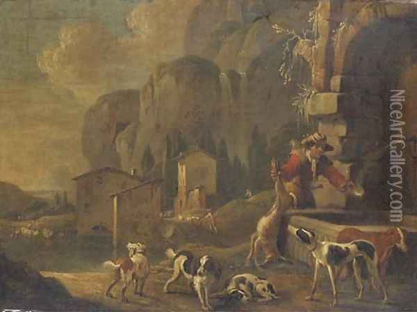 A hunter at a fountain in a landscape Oil Painting - Johann Heinrich Roos