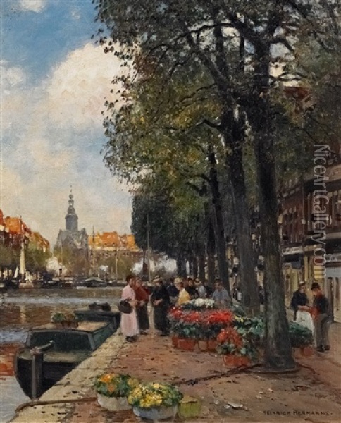 Blumenmarkt Am Kai Von Amsterdam Oil Painting - Heinrich Hermanns