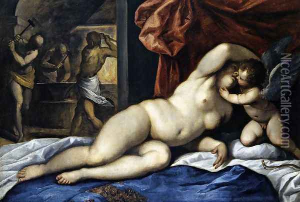 Venus and Cupid at Vulcan's Forge c. 1610 Oil Painting - Palma Vecchio (Jacopo Negretti)