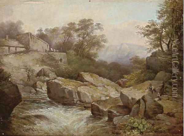 Figures by a cottage beside a river in spate Oil Painting - Thomas Baker Of Leamington