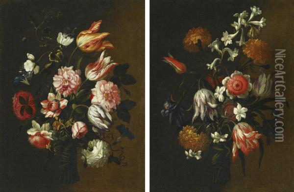 Two Still Lifes With Tulips, Roses And Other Flowers Tied In Bunches Oil Painting - Mario Nuzzi Mario Dei Fiori