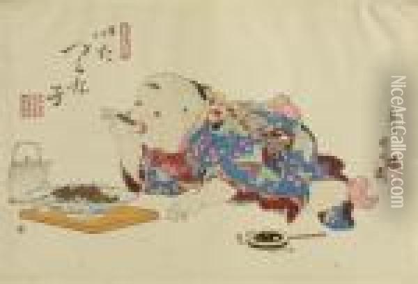 Toddlers During The Day Oil Painting - Toyohara Kunichika