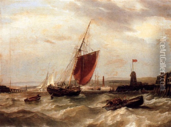 A Fishing Boat And Two Barges In A Harbour Oil Painting - John Wilson Carmichael
