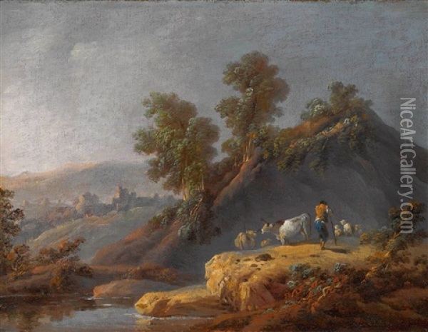 Hirte Mit Vieh In Flusslandschaft Oil Painting - Jean Baptiste Pillement