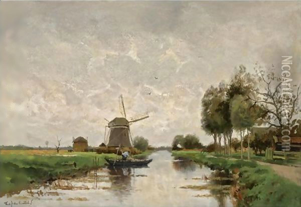 Boating In A Polder Landscape Oil Painting - Fredericus Jacobus Van Rossum Chattel