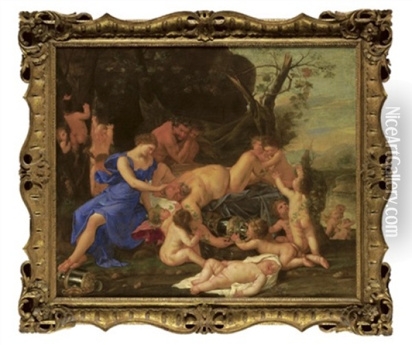 A Bacchanal With Two Fauns Looking At Drunken Silenus, With Putti Cavorting Oil Painting - Karel Philips Spierincks