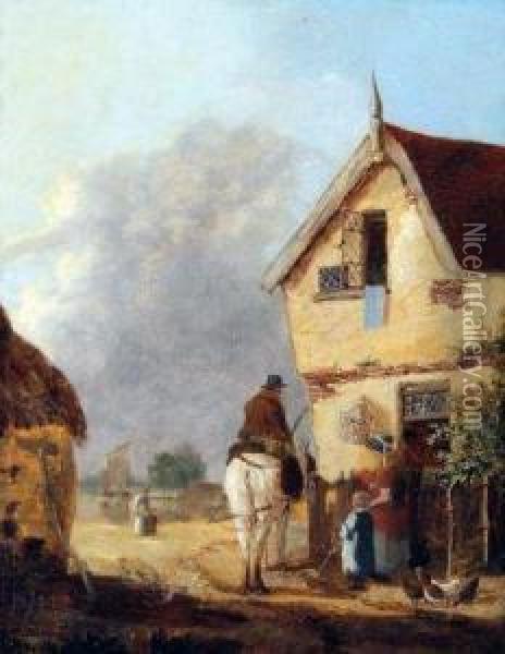 Figures, Horse And Chickens Before A Cottage Oil Painting - Alfred Stannard