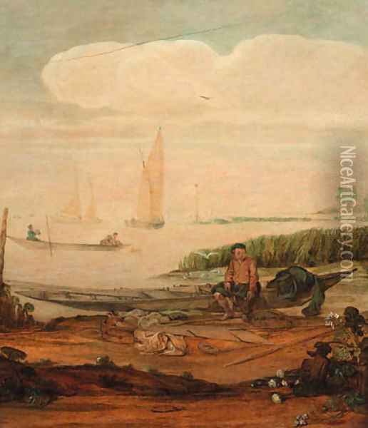 A river landscape with a fisherboy mending a net seated on a punt on the shoreline, other shipping beyond Oil Painting - Arentsz van der Cabel