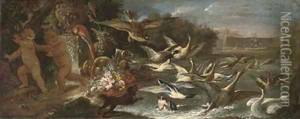 An eagle attacking ducks in a pond with putti escaping in an Italianate garden Oil Painting - Baldassare De Caro