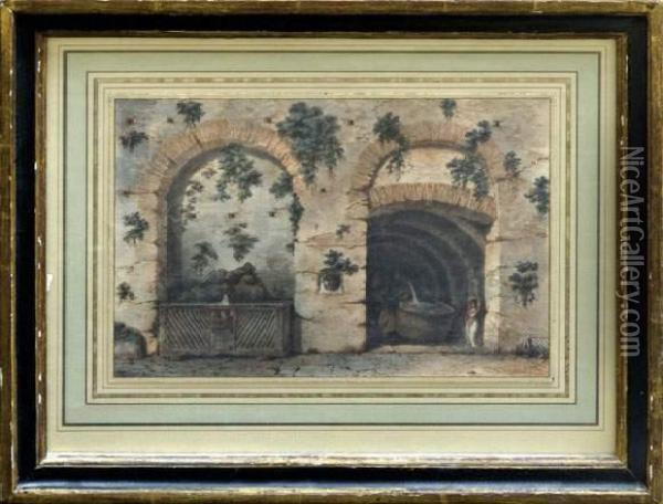 Personnages Dans Des Ruines Romaines Et Tombeau Antique Transforme En Fontaine. Oil Painting - Victor-Jean Nicolle