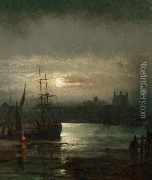 A Moonlit Harbour Scene Oil Painting - William A. Thornley Or Thornber