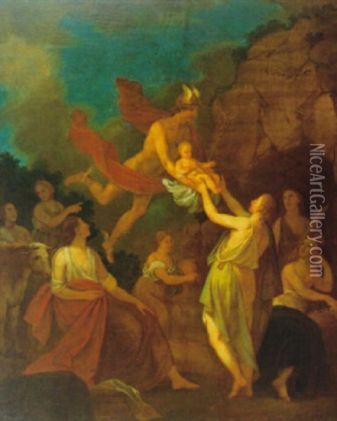 Hermes (merkur) Bringt Den Dionysosknaben Nach Nysa In Asien Zu Den Nymphen Oil Painting - Johann Meidinger