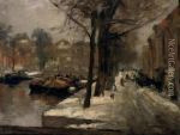 A View Of The Bierkade In Winter, The Hague Oil Painting - Floris Arntzenius