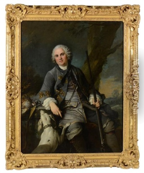 Portrait De Pierre Simon Mirey, Secretaire Du Roi, Conservateur Des Hypotheques, Peint En Chasseur Tenant Un Fusil Oil Painting - Louis Tocque