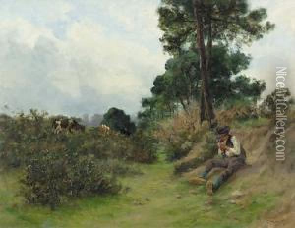Landschaft Mit Sitzendem Hirten. Oil Painting - Eugene Leon Labitte