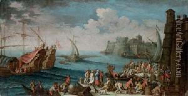 A Mediterranean Harbour With 
Stevedores And Other Figures On The Quay, Men'o-war And Other Shipping 
Beyond Oil Painting - Gherardo Poli