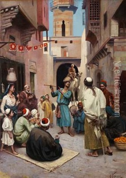 Monsieurs Et Musiciens Dans Une Rue Au Caire Oil Painting - Rudolf Johann Weisse