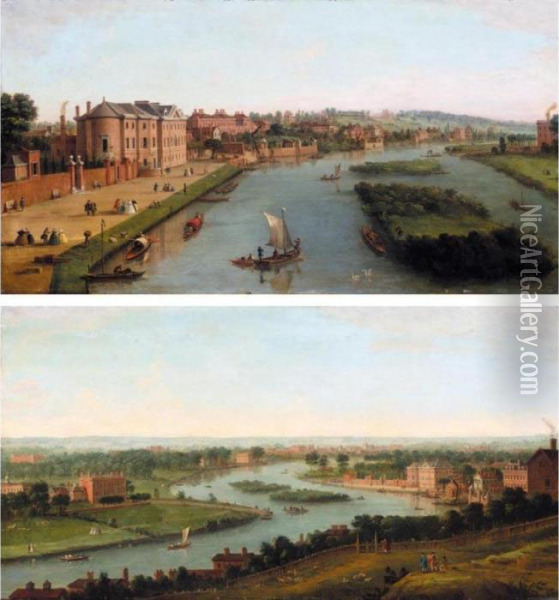 A View Of The Thames At Richmond
 And Cholmondeley House, With Elegant Figures On Cholmondeley House Walk
 And A Distant View Of Richmond Hill; And A View Of The Thames From 
Richmond Hill Oil Painting - Antonio Joli