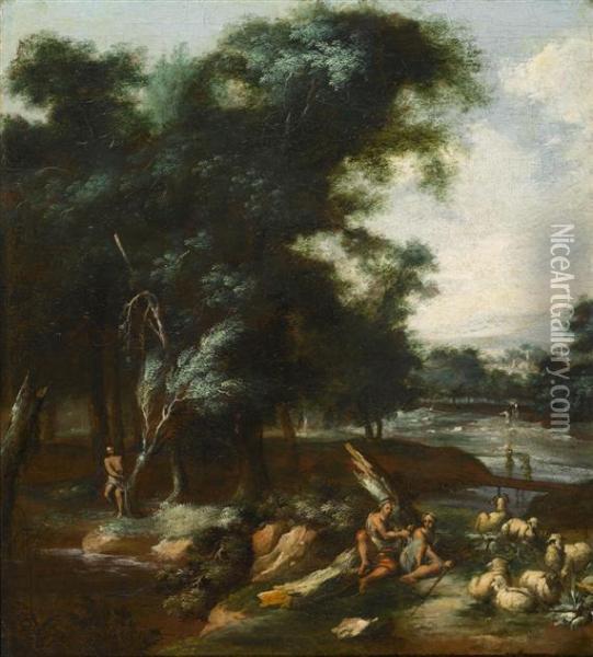 Mediterranean Landscape With Herdsman And Woman In The Foreground Oil Painting - Annibale Carracci