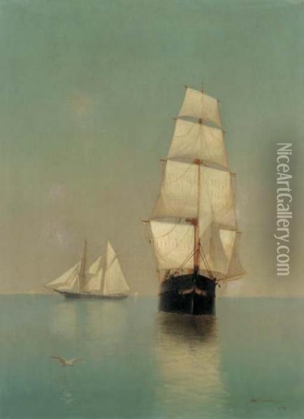 Shipping In A Calm At Sunset Oil Painting - Warren W. Sheppard