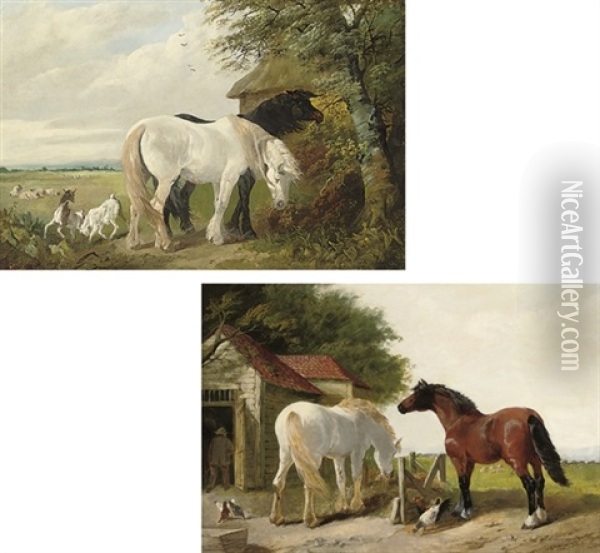 Horses And Chickens In A Farmyard (+ Horses And Goats In A Field; Pair) Oil Painting - Henry Charles Woollett