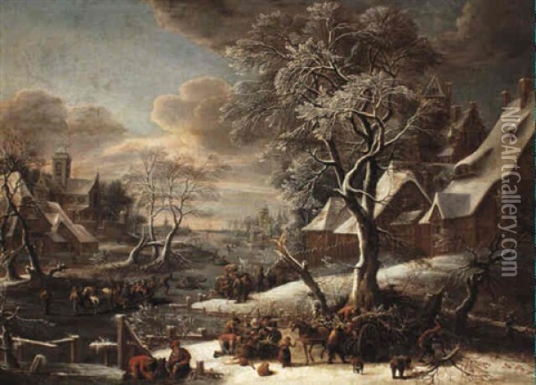 Fugures In A Frozen River Landscape Oil Painting - Jan Griffier the Elder