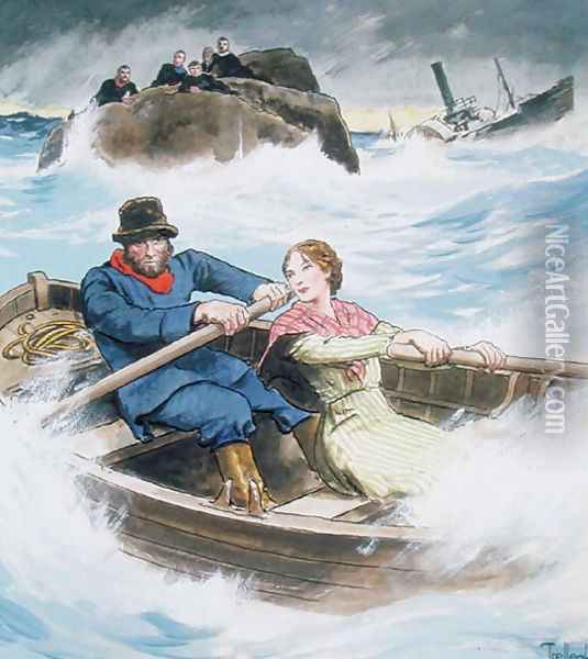 Grace Darling 1815-41 and her father rescuing survivors of the shipwrecked steamship Forfarshire, September 7th 1838, from Peeps into the Past, published c.1900 Oil Painting - Trelleek