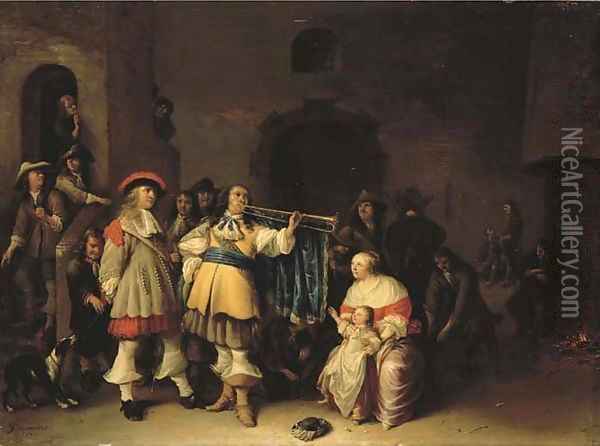 A guardroom interior with an officer sounding a trumpet before a mother and child Oil Painting - Anthonie Palamedesz