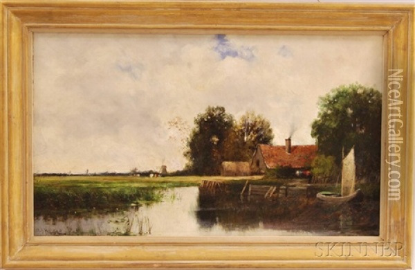 Riverside Farm With Distant Windmill Oil Painting - William Henry Hilliard
