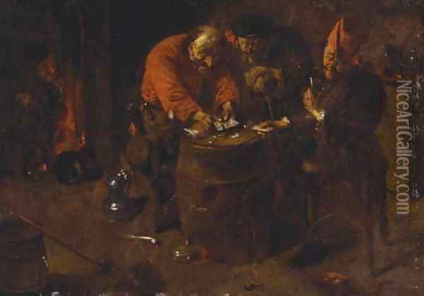 Elderly peasants playing cards on a barrell, in an interior Oil Painting - Abraham Diepraam