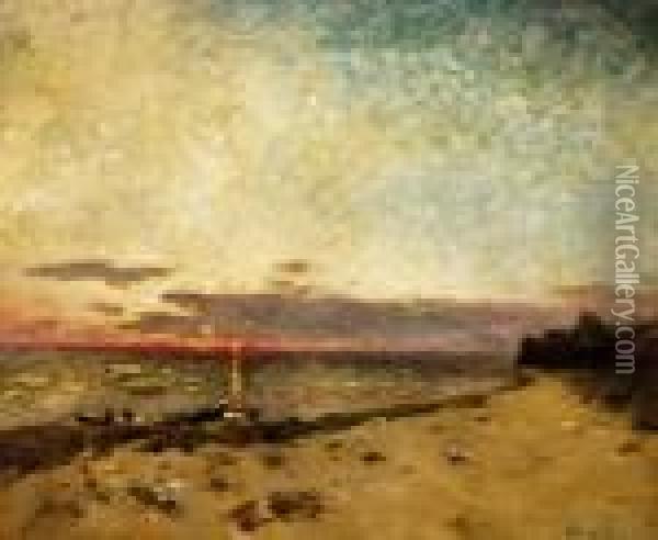 Sunset By The Lake Balaton Oil Painting - Bela Von Spanyi