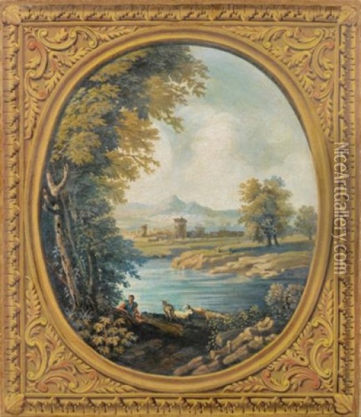 Decoration Set Depincting Italian Landscapes In A Painted Oval Oil Painting - Andrea Locatelli