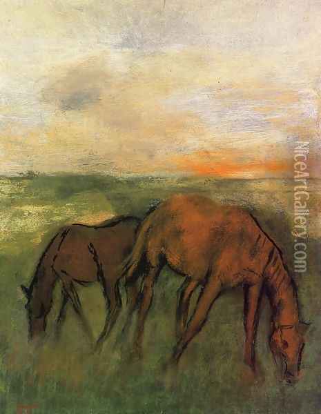 Two Horses in a Pasture Oil Painting - Edgar Degas