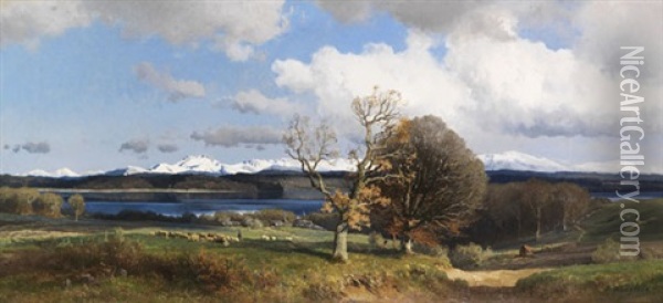 Blick Auf Den Simssee Im Fruhling Oil Painting - Josef Wenglein