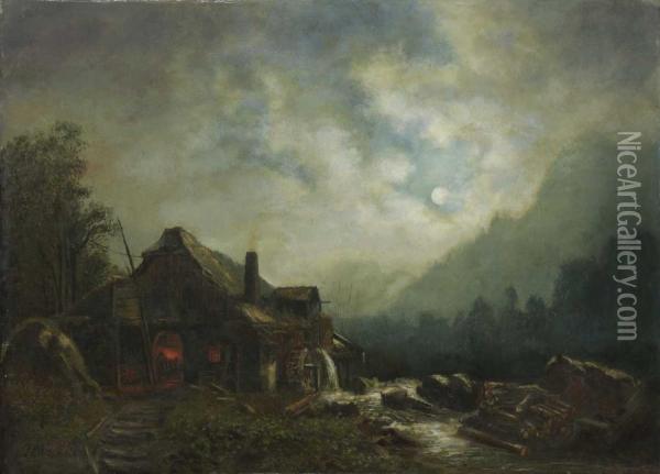 Nachtliche Gebirgslandschaft Mit Schmiede Am Bach. Oil Painting - Heinrich Burkel