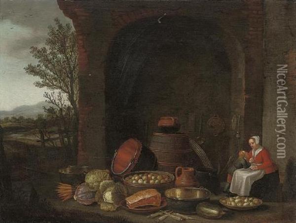 A Maid With A Child, Preparing Food In A Courtyard, A Landscape Beyond Oil Painting - Floris Gerritsz. van Schooten