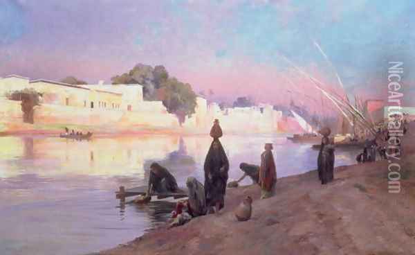 Washerwomen on the banks of the Nile Oil Painting - Eugene-Alexis Girardet
