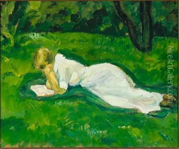 Pige I Lyserodt, Der Ligger I Graesset Og Laeser (girl In Pink, Reading In The Grass) Oil Painting - Harald Giersing