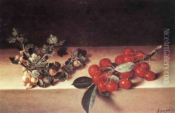 Cherries and Gooseberries on a Table 1644 Oil Painting - Francois Garnier