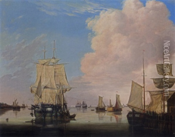 A River Estuary With A Moored Threemaster Under Sail, Sailors Disembarking Into A Boeier, Other Boats And Threemasters In The Background Oil Painting - Jan Hendrik Boshamer