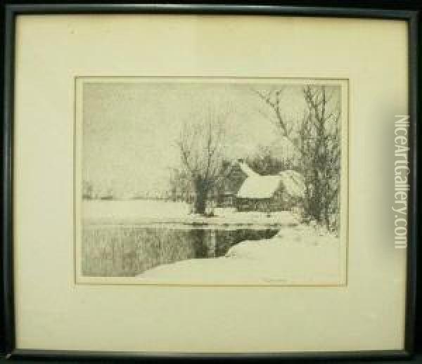 House With Pond In Winter Snow Oil Painting - Charles Jac Young